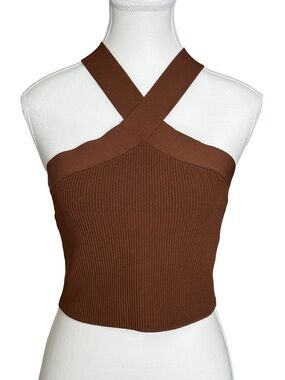 Babaton Sculpt Knit Halter Top Brown Cross Front Ribbed Size Large Aritzia